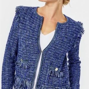 Lilly Pulitzer Simora Cardigan In Oyster Bay Navy Exotic Tweed/Fringe. Size M.